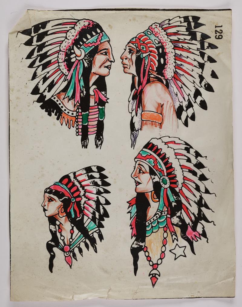 Tattoo printed Flash: four images of Native Americans wearing headdresses.