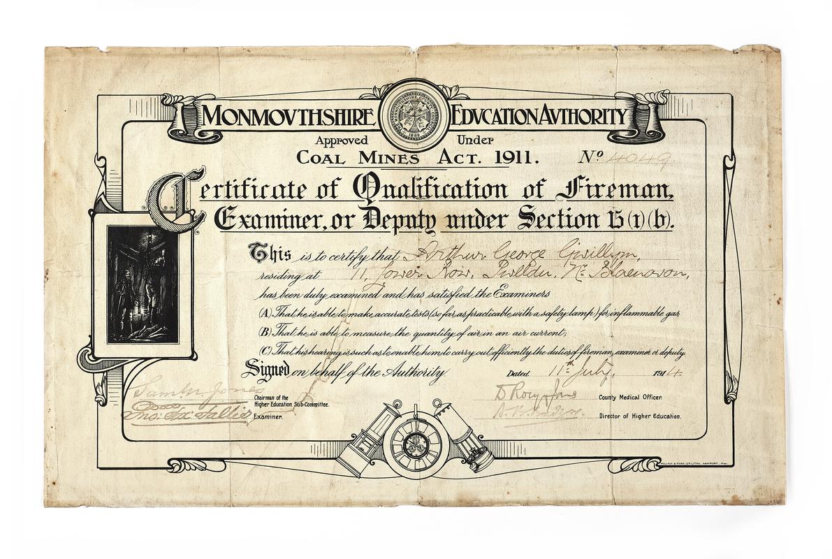 Monmouthshire Education Authority Fireman&#039;s Certificate, 1914.