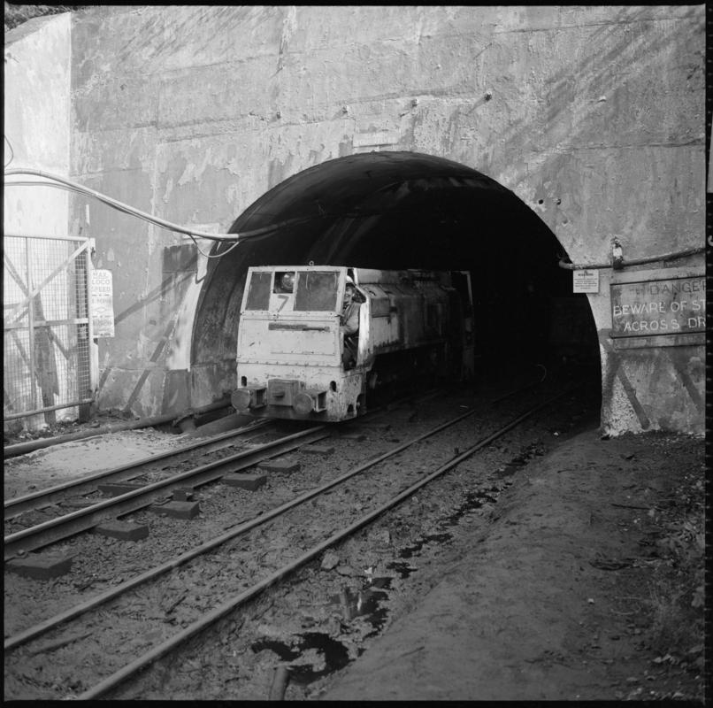 Black and white film negative showing an electric locomotive leaving the mine. &#039;Blaengwrach&#039; is transcribed from original negative bag.  Similar to 2009.3/2443, 2009.3/2444 and 2009.3/2445.