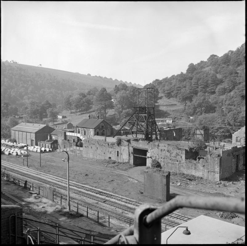 Black and white film negative showing a surface view of Llanhilleth Colliery.