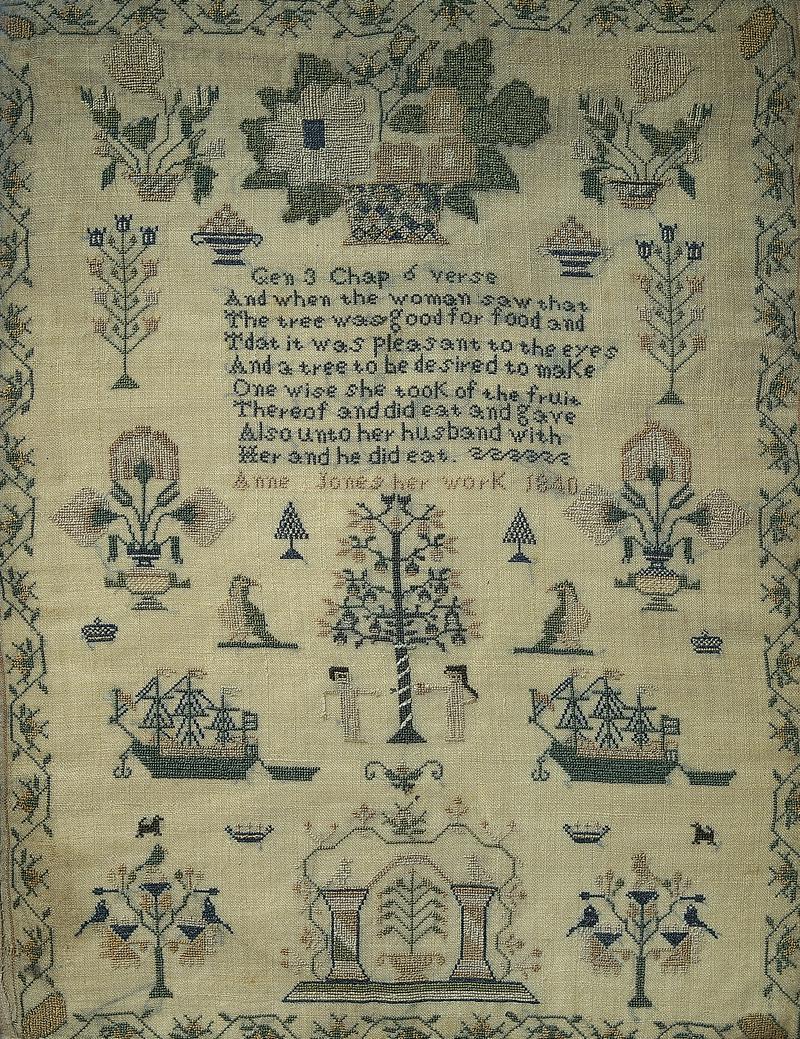 Sampler (motifs &amp; Biblical verse), made in Swansea, 1840