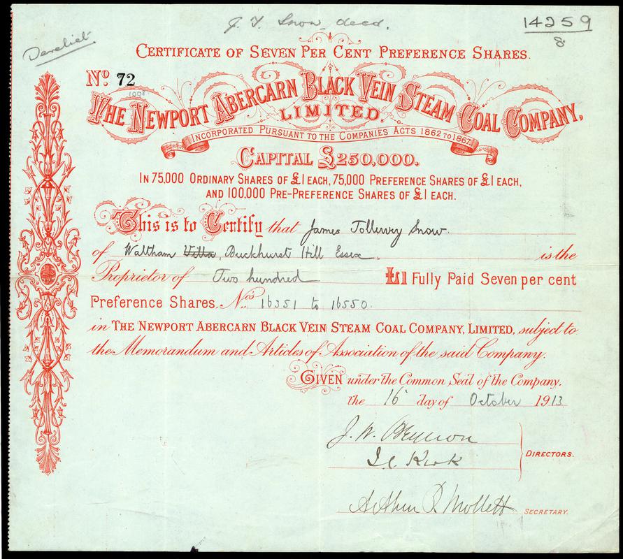 Share Certificate &quot;The Newport Abercarn Black Vein Steam Coal Company Limited&quot;