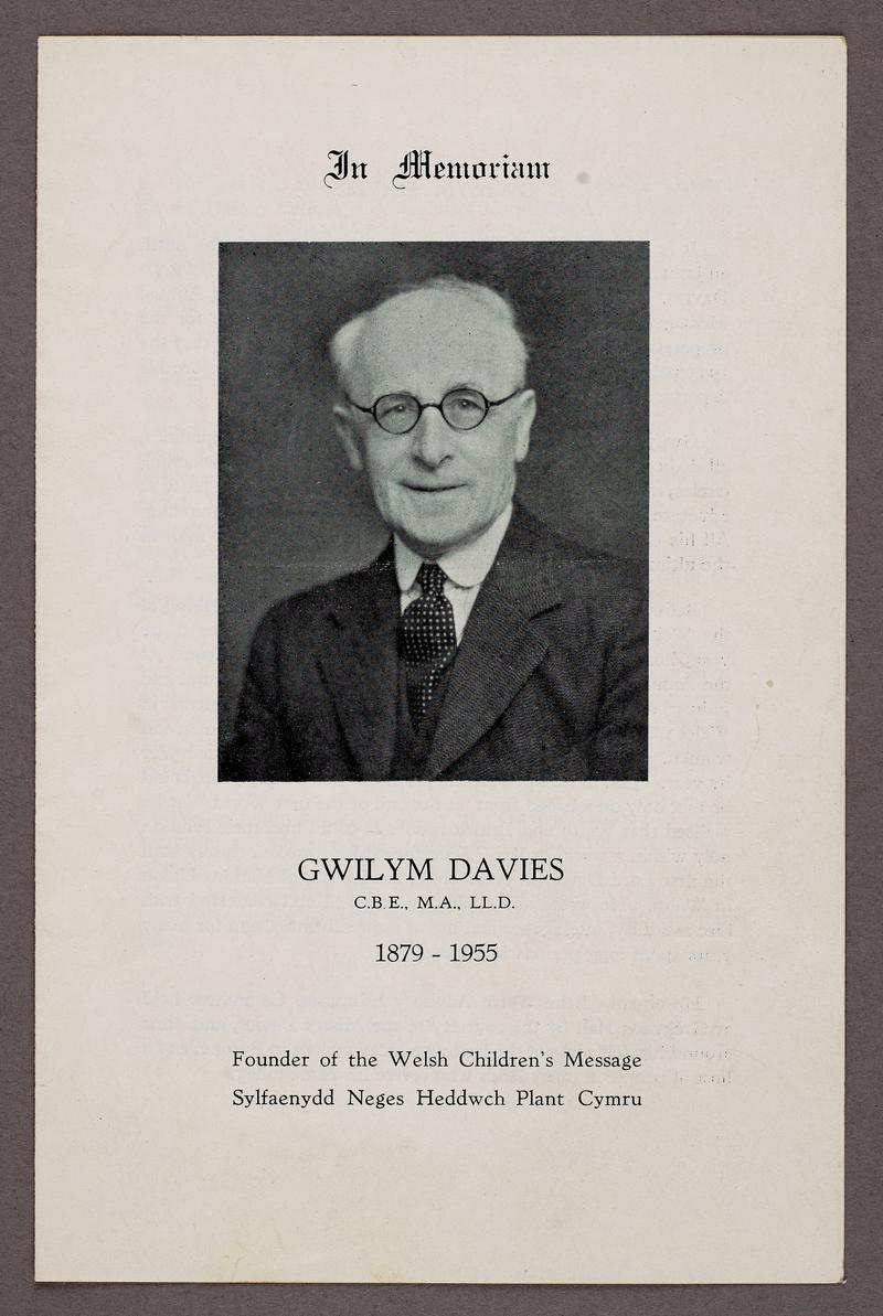 Memorial pamphlet, Rev. Gwilym Davies, 1955