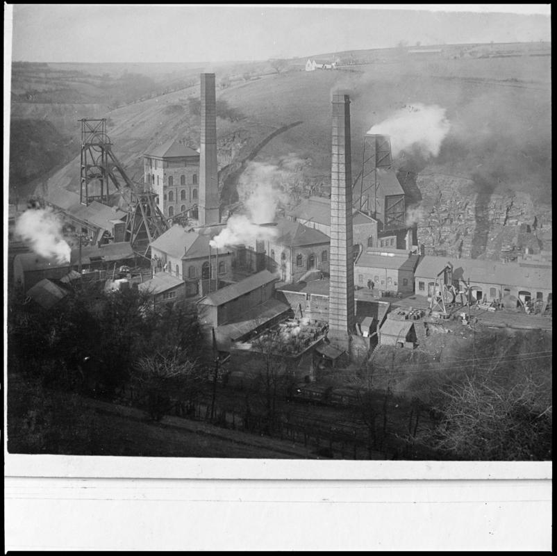 Black and white film negative of a photograph showing a surface view of Tirpentwys Colliery c.1910. &#039;Tirpentwys Colliery&#039; is transcribed from original negative bag.