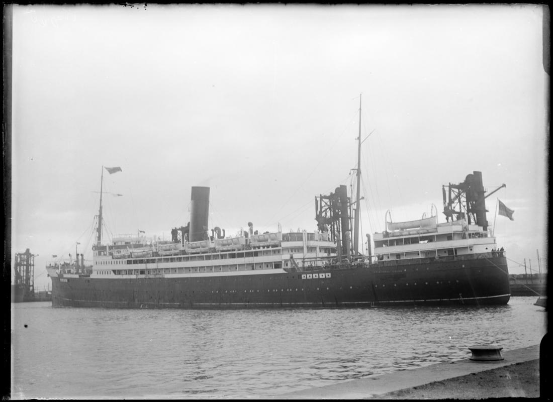 Three quarter Port Stern view of S.S. CRISTOBAL COLON at Cardiff Docks, c.1936.