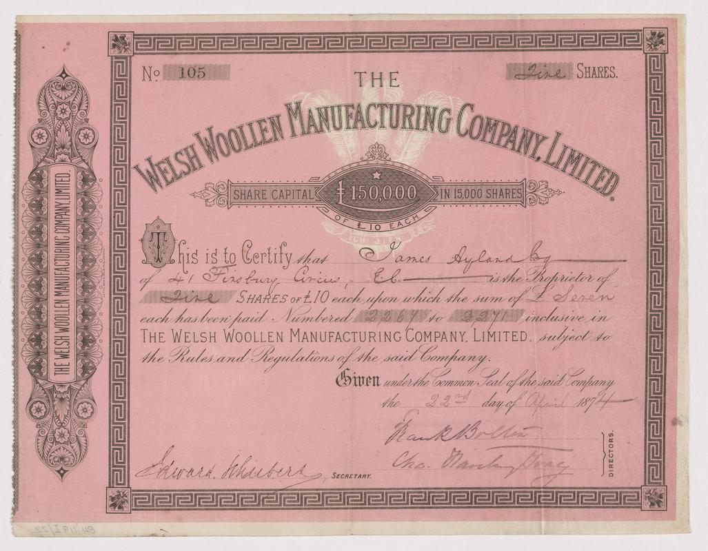 The Welsh Woollen Manufacturing Company, Limited, £10 ordinary shares, 1874