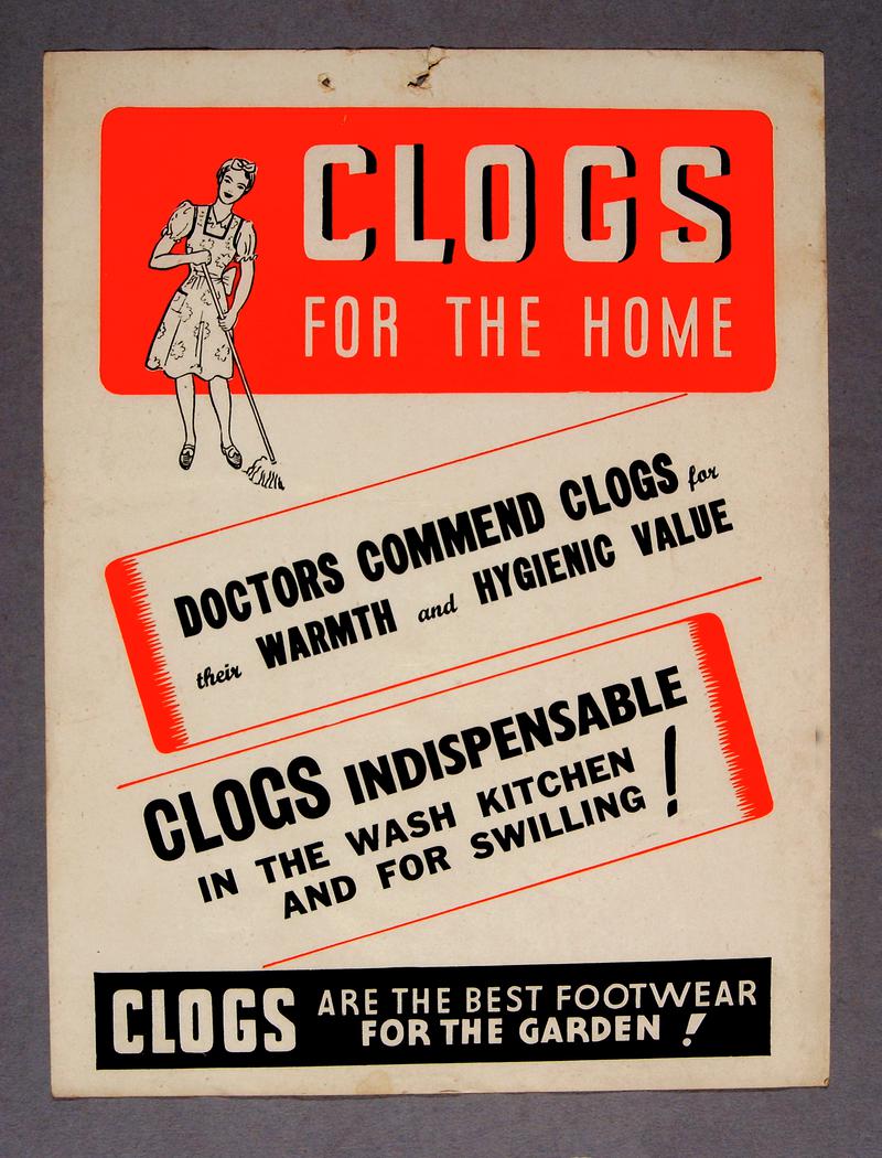 Advertisement promoting the warmth and hygienic value of clogs