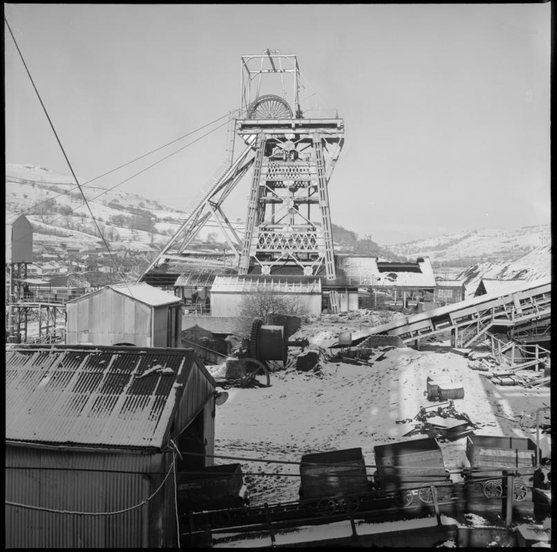 Black and white film negative showing the upcast shaft, Merthyr Vale Colliery.  &#039;Merthyr Vale&#039; is transcribed from original negative bag.