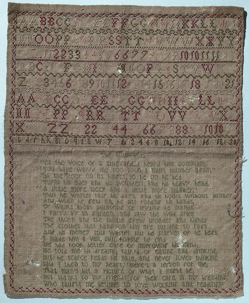 Sampler (verse &amp; alphabet), made in Nant-y-glo, late 18th century