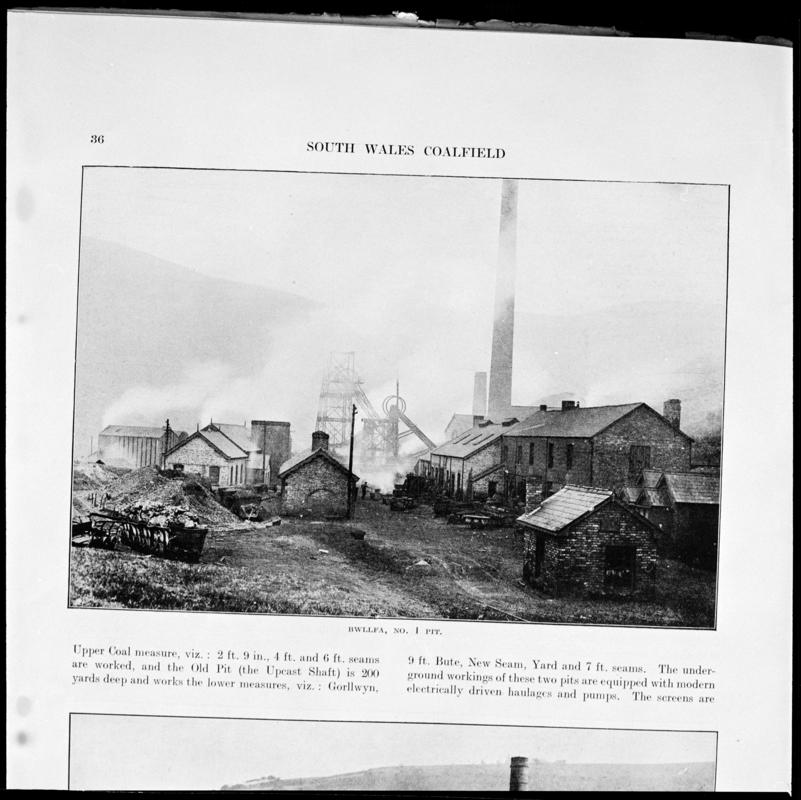 Black and white film negative showing a view of Bwllfa Colliery, No.1 Pit, photographed from a publication.  &#039;Bwllfa No. 1 Pit&#039; is transcribed from original negative bag.