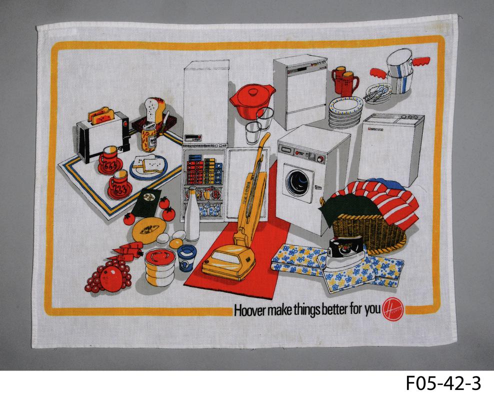 Cotton tea towel with printed illustrations of various Hoover household appliances