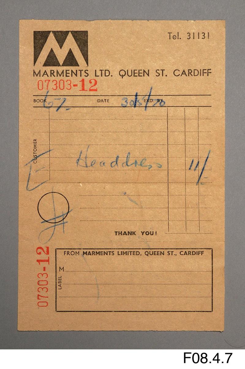 Receipt for head dress purchased from Marments Ltd, Queen St, Cardiff