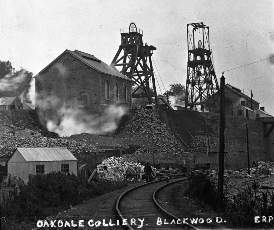Black and white film negative of a photograph showing a surface view of Oakdale Colliery.  &#039;Oakdale&#039; is transcribed from original negative bag.