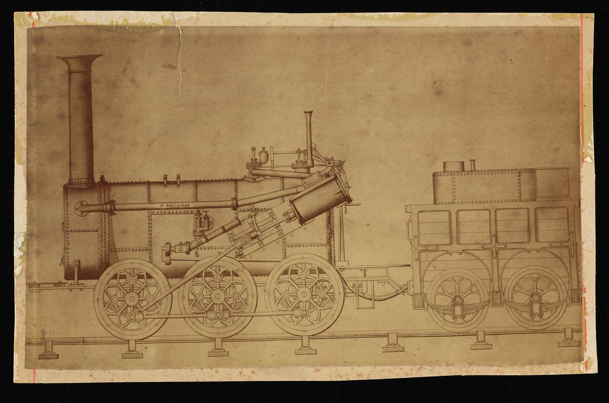 Photograph of a drawing of the 1848 Sirhowy Railway locomotive ST DAVID. This was the first engine driven by Jack Williams.