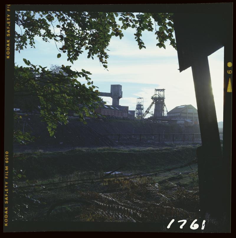 Colour film negative showing a general surface view of Oakdale colliery, October 1979.  &#039;Oakdale Oct 1979&#039; is transcribed from original negative bag.