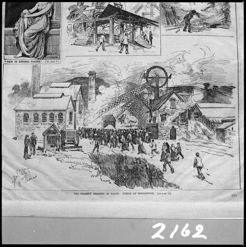 Black and white film negative showing the scene at Universal Colliery Senghenydd after the explosion of May 24th 1901, sketched illustration photographed from a publication.  &#039;Sen 1901&#039; is transcribed from original negative bag.
