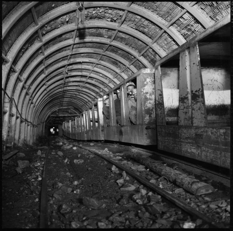 Black and white film negative showing a cable hauled manriding train at the bottom of the Nantgarw incline.  &#039;Nantgarw&#039; is transcribed from original negative bag.