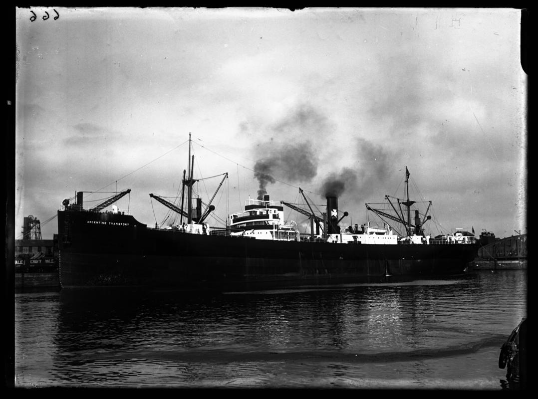 Port broadside view of S.S. ARGENTINE TRANSPORT at Cardiff Docks, c.1936