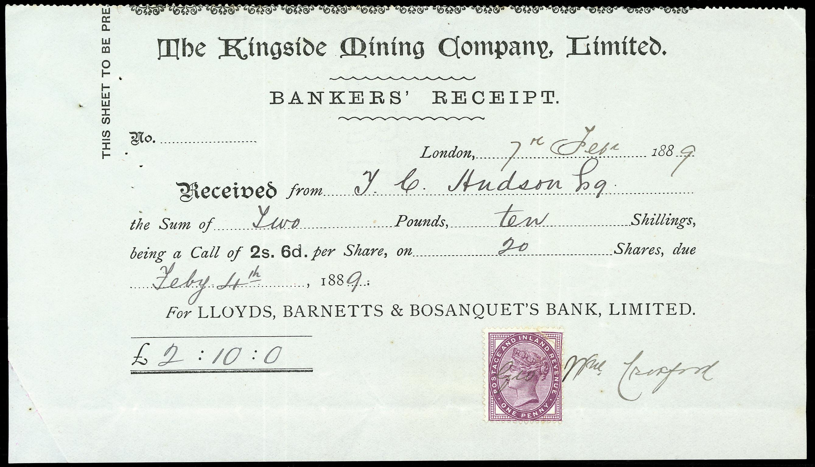 Kingside Mining Co. Ltd., bankers' receipt