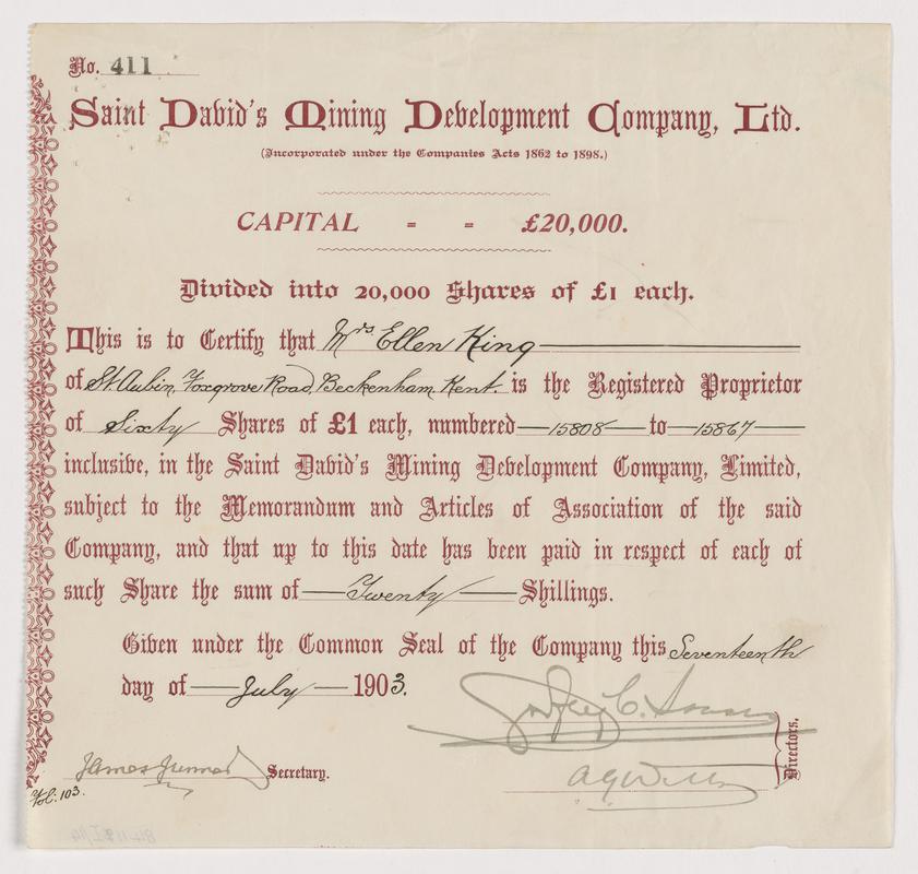 Saint David&#039;s Mining Development Company Limited, £1 ordinary shares, 1903,