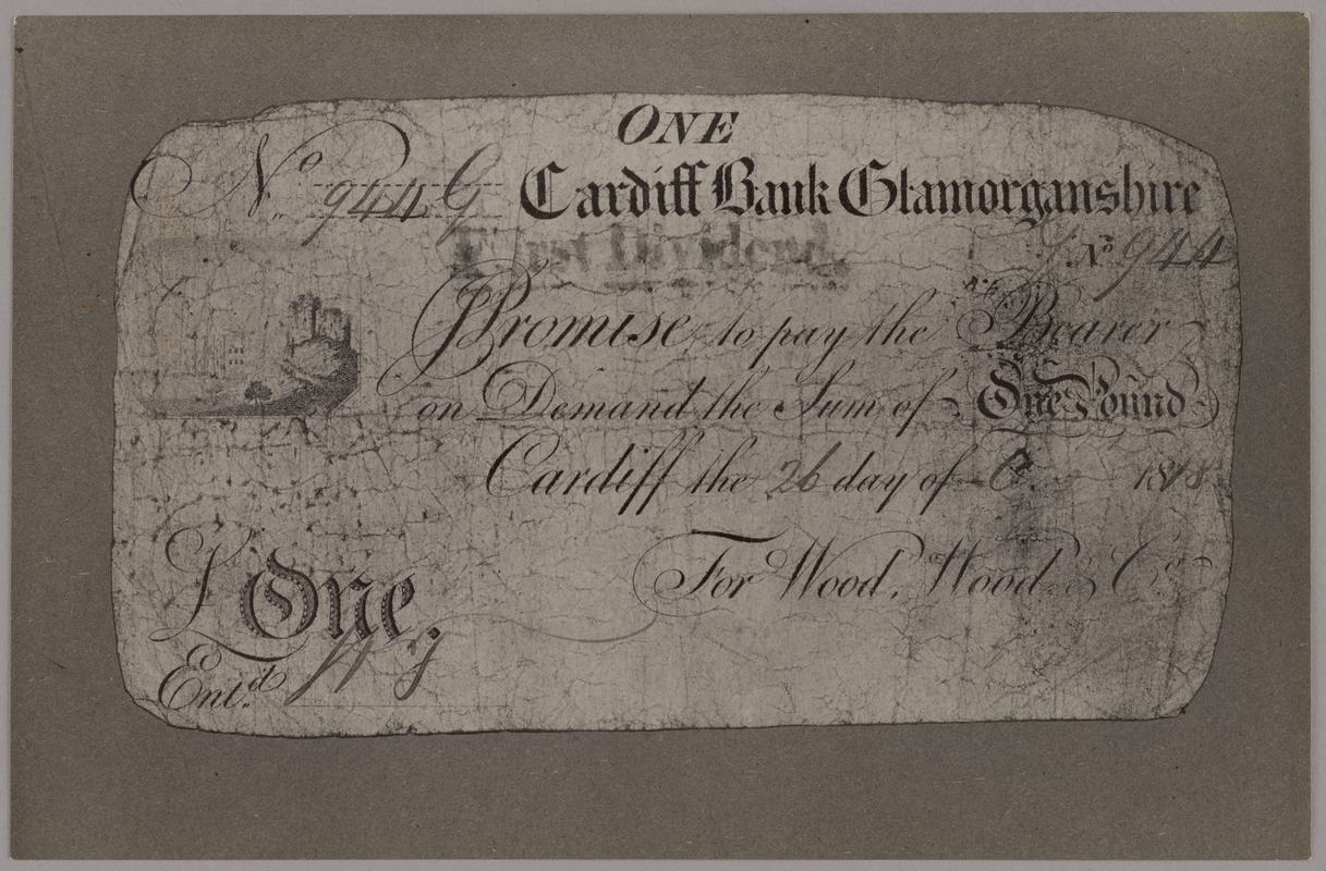 Cardiff Bank one pound bank note, 1818