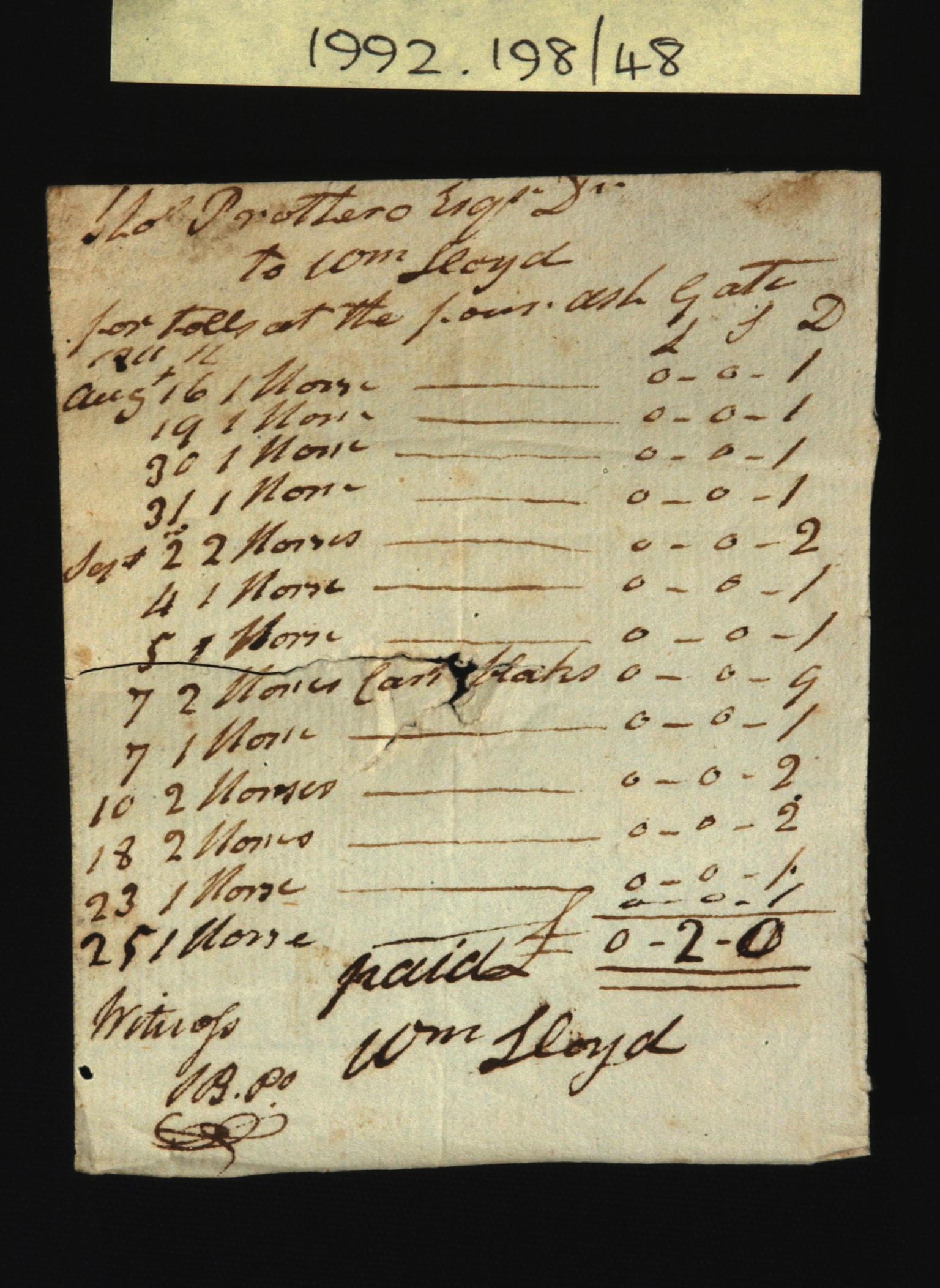 Four Ash Gate, toll accounts 1811