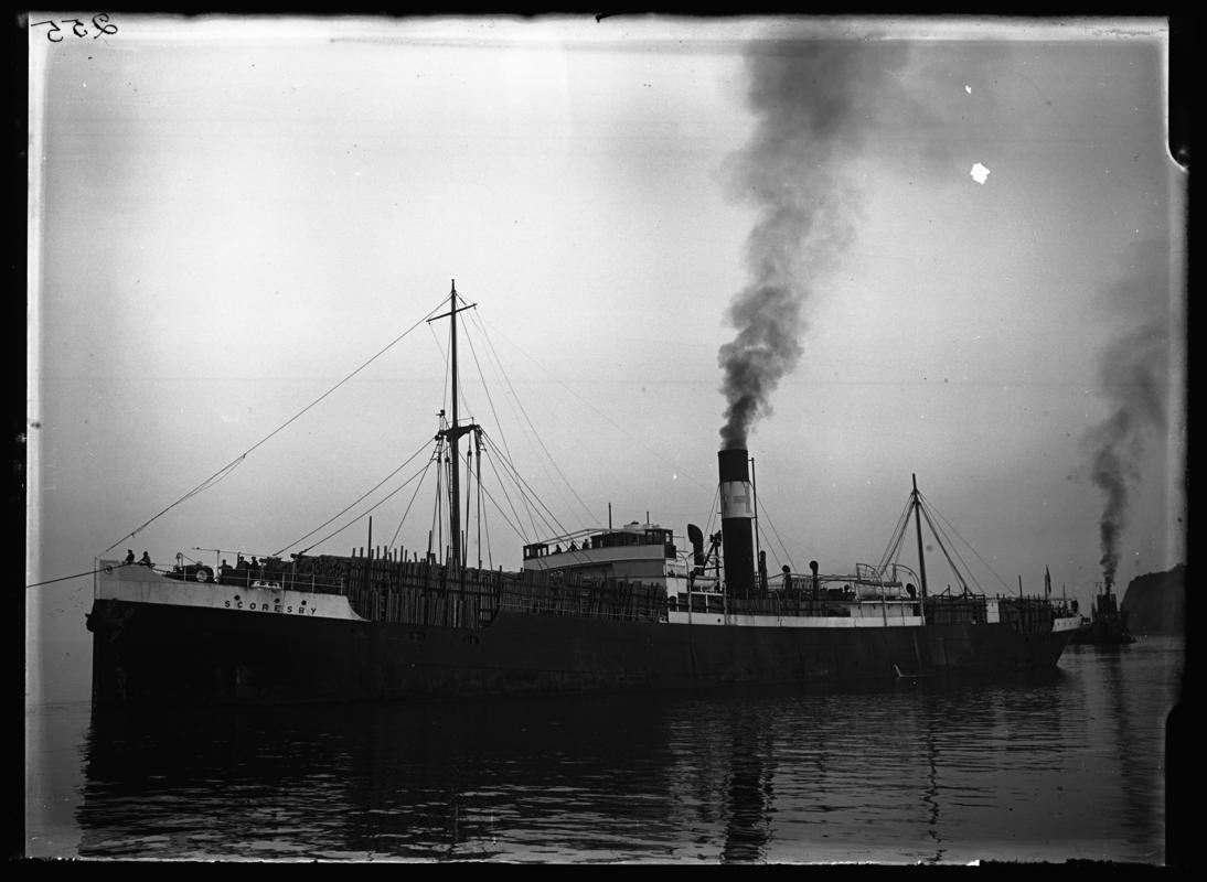 Port broadside view of S.S. SCORESBY and dredger at Penarth Head, c.1936.