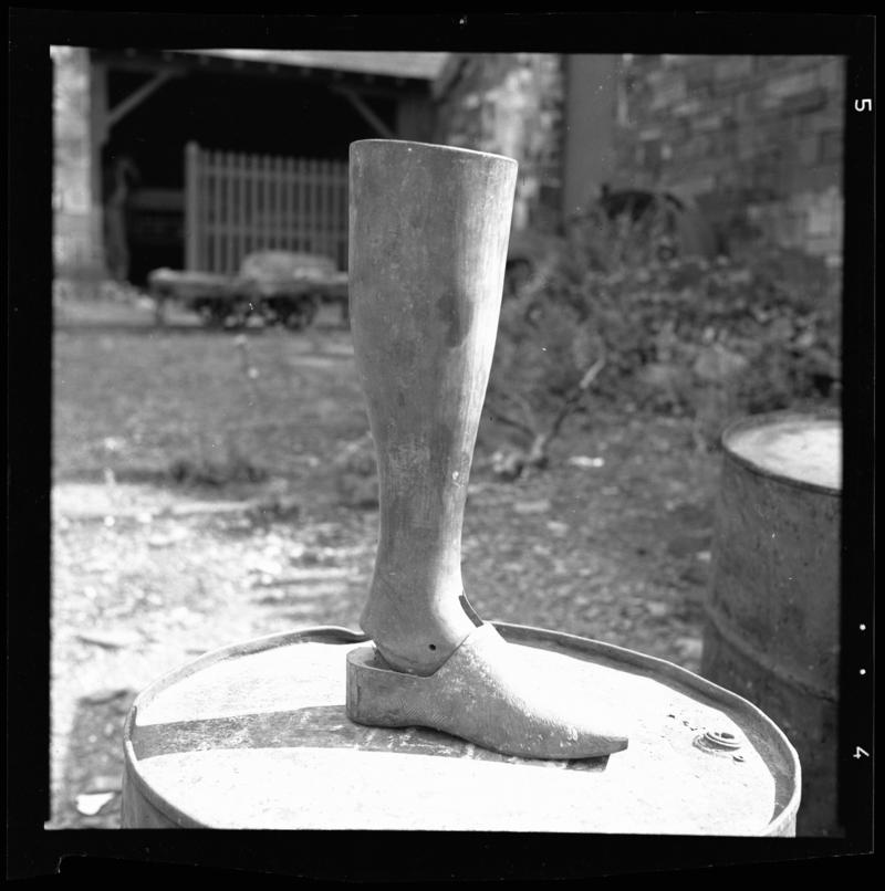Image of an artificial wooden leg, loaned to amputees before they were given personally designed alternatives, Dinorwig Quarry Hospital, early 1960s.