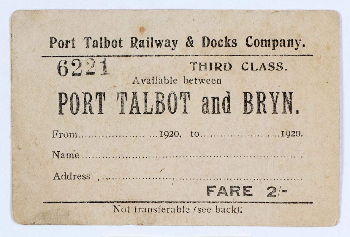 Port Talbot Railway & Docks Co., ticket