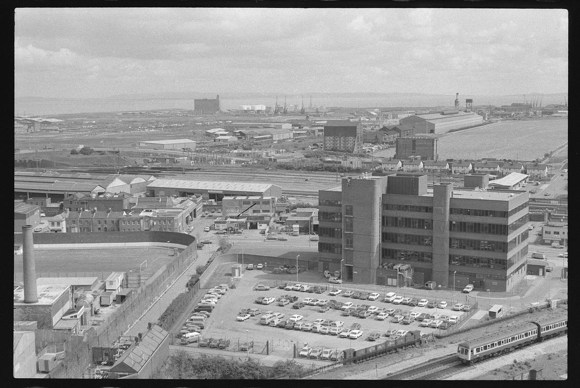 View from top of building on Churchill Way, looking towards prison on left and Spillers building in the background.