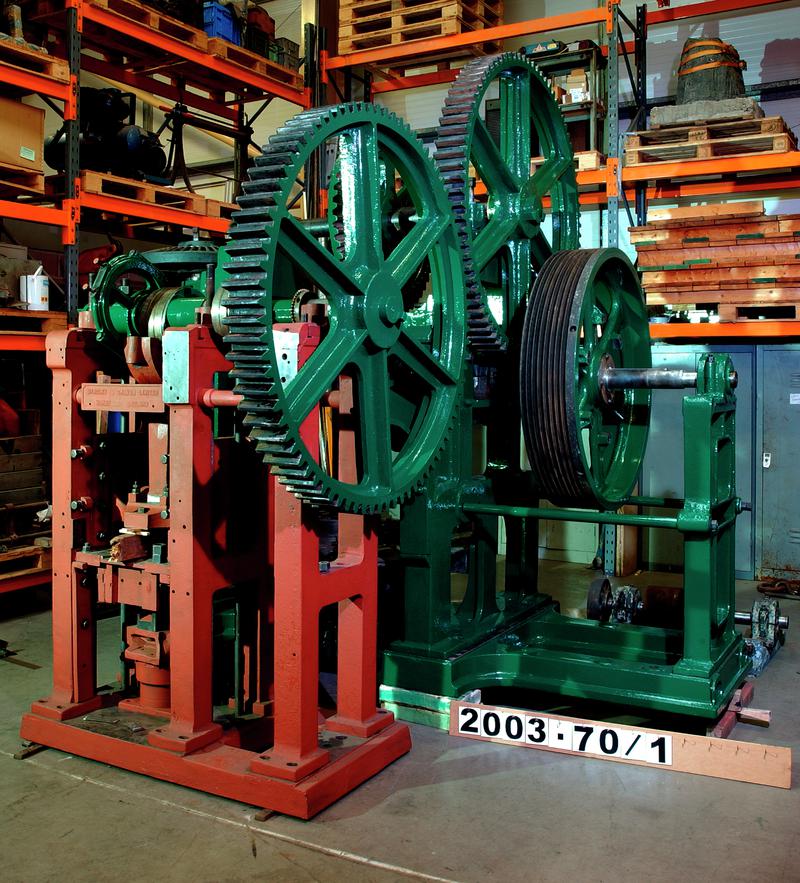 Bradley &amp; Craven Limited brick press partially assembled during restoration at National Collections Centre, Nantgarw, before installation at National Waterfront Museum, Swansea.