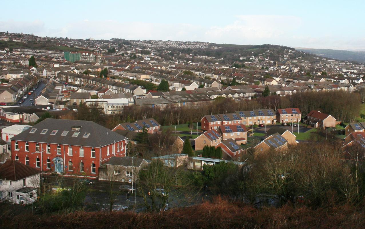 Former company offices of Cwmfelin Steel Works (at bottom left), with site of Cwmfelin Steel Works after it was redeveloped for housing about 2007.