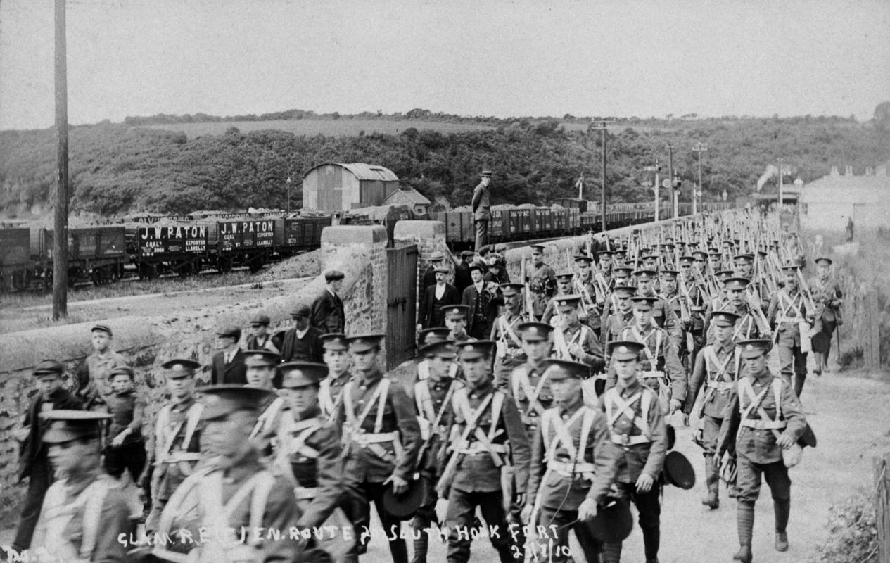 Glamorgan regiment at Milford Haven railway station en route for South Hook Fort
