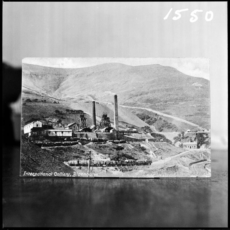 Black and white film negative of a postcard showing a general surface view of International Colliery, Blaengarw.  &#039;International&#039; is transcribed from original negative bag.