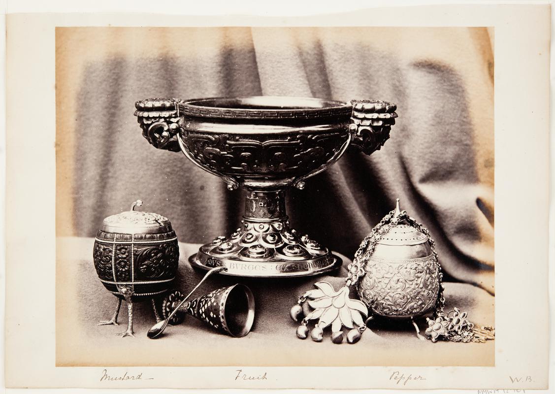Two-handled fruit bowl, mustard pot and pepper pot