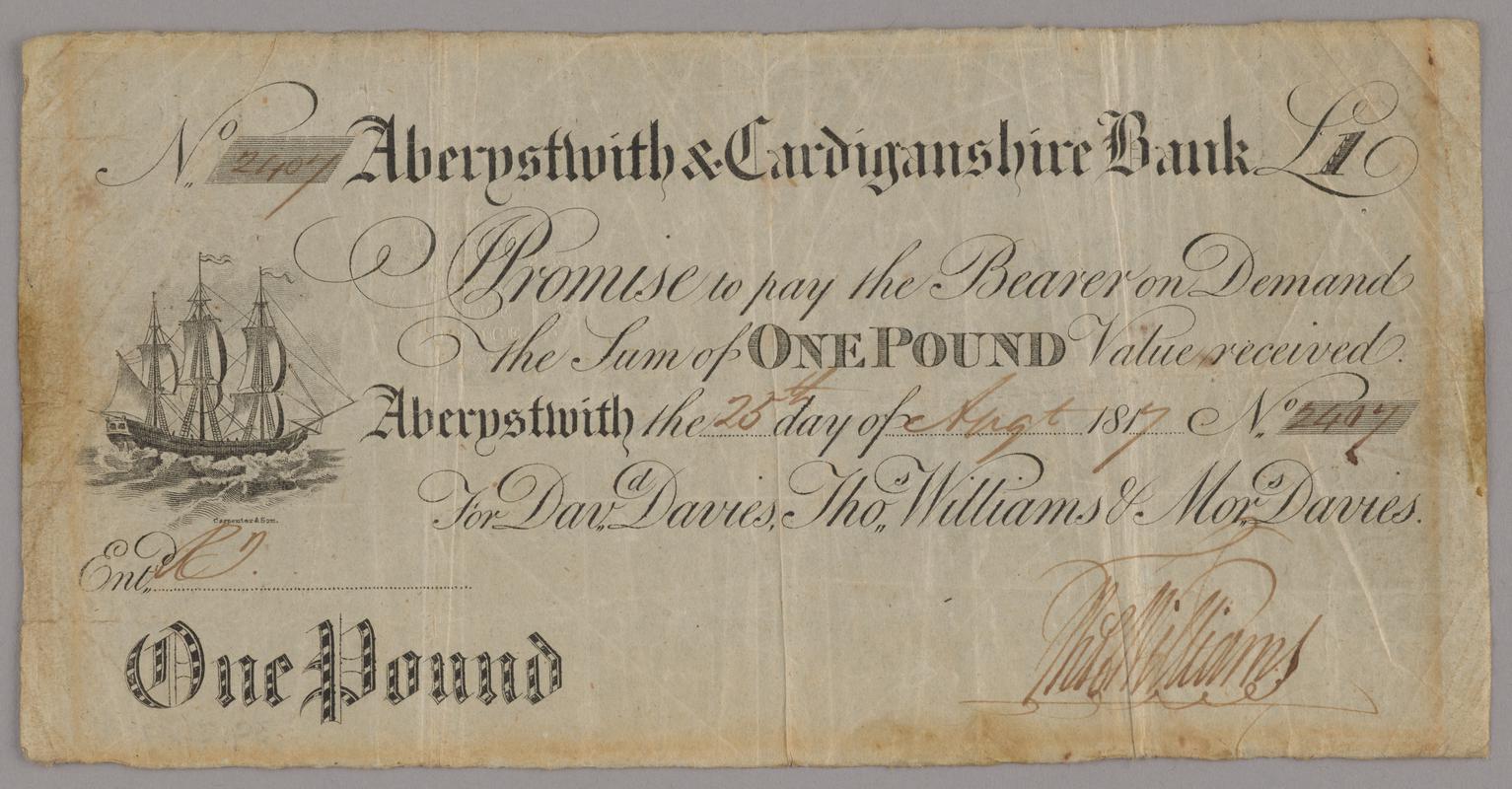Aberystwith &amp; Cardiganshire Bank one pound bank note, 1817