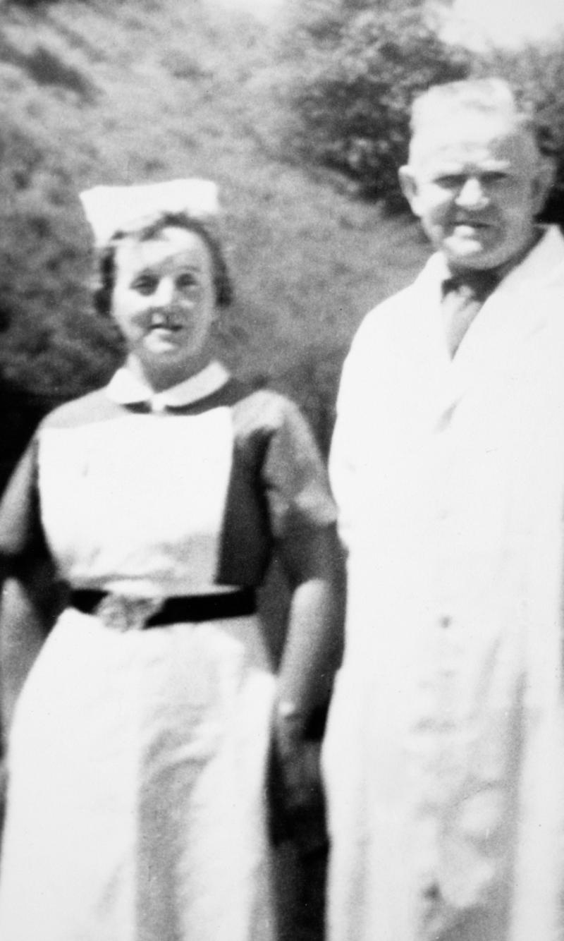 Mrs Barker with her first aider Calvin Quick at Bargoed Colliery Medical Centre