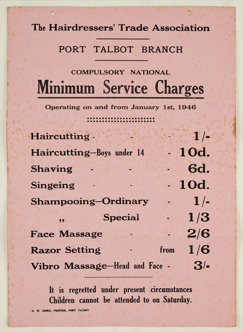 Price list from Ivor Williams&#039; salon in Taibach, Port Talbot