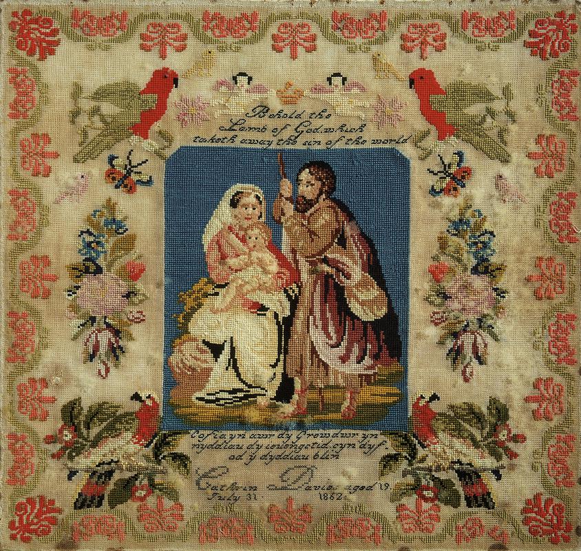 Sampler (pictorial, motifs &amp; Welsh Biblical verse), made in Aberporth, 1862