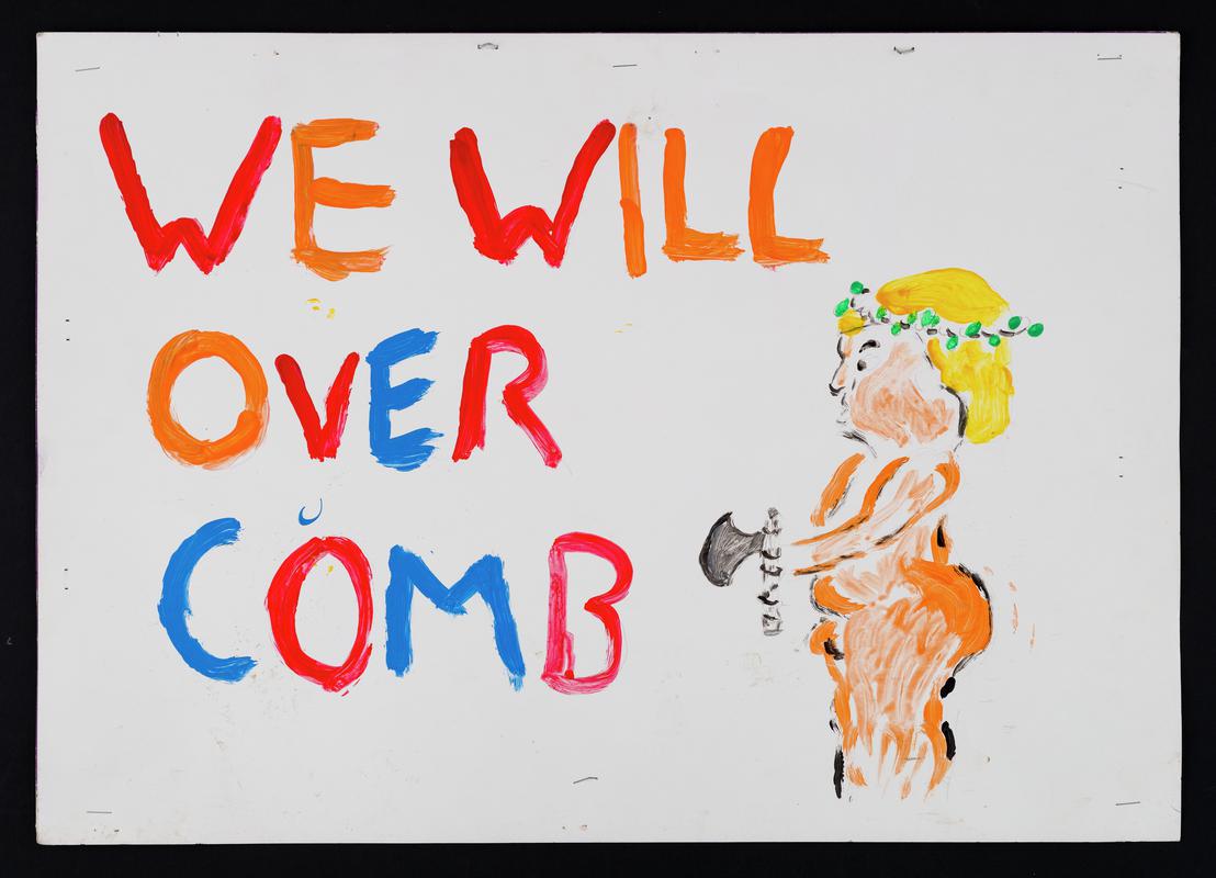 &#039;We Will Over Comb&#039; handrawn placard used at the Women&#039;s March in Cardiff city centre on 21 January 2017.
