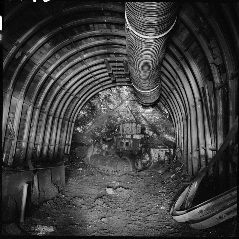 Eimco machine in a development heading, possibly in the Nine Feet seam, Blaengwrach Mine, 1 November 1979.  &#039;Blaengwrach 1 Nov 1979&#039; is transcribed from original negative bag.