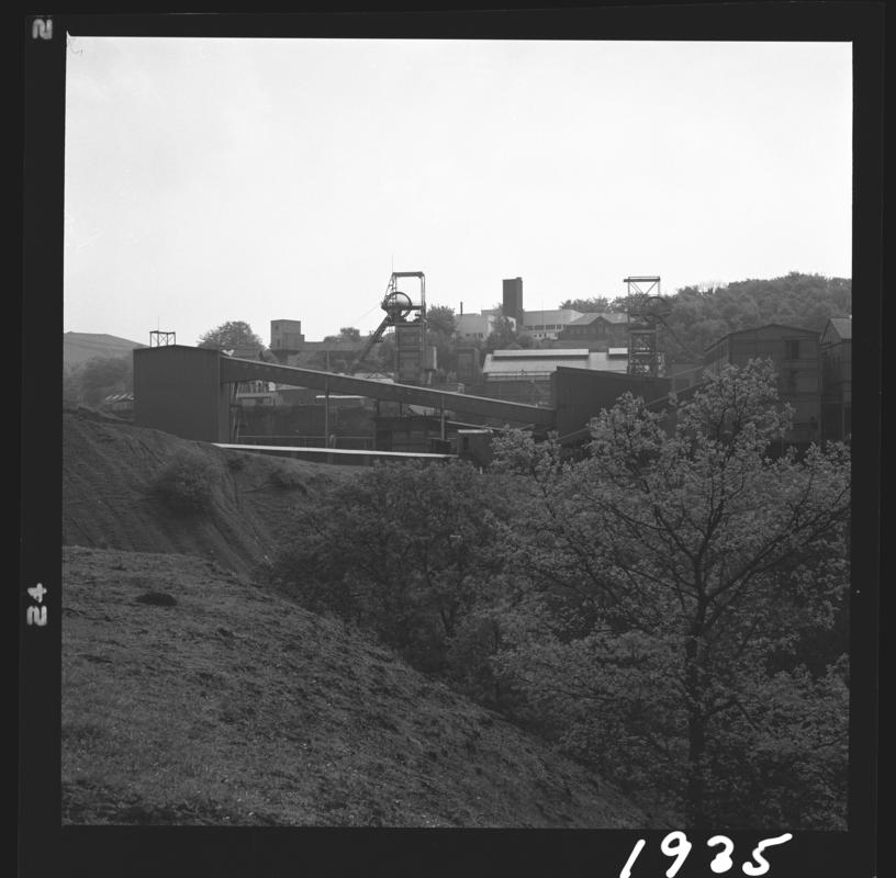 Black and white film negative showing a surface view of Oakdale Colliery, May 1980.  &#039;Oakdale May 1980&#039; is transcribed from original negative bag.