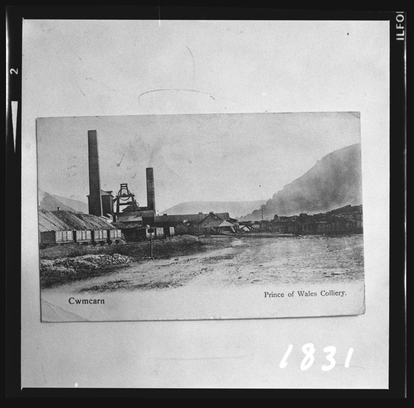 Black and white film negative of a photograph showing a surface view of Prince of Wales Colliery, Abercarn.