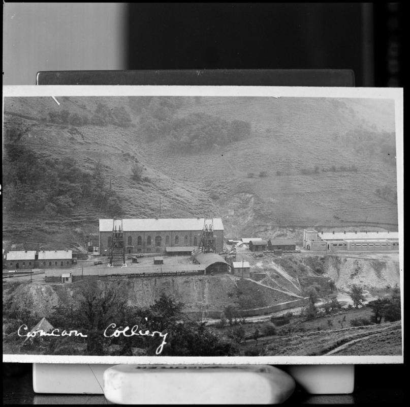 Black and white film negative of a photograph showing a surface view of Cwmcarn Colliery.  &#039;Cwmcarn&#039; is transcribed from original negative bag.  Appears to be identical to 2009.3/2504.