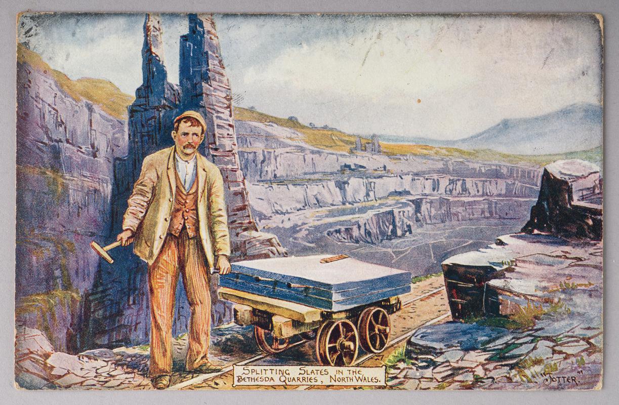 Splitting Slates in the Bethesda Quarries, North Wales (postcard)