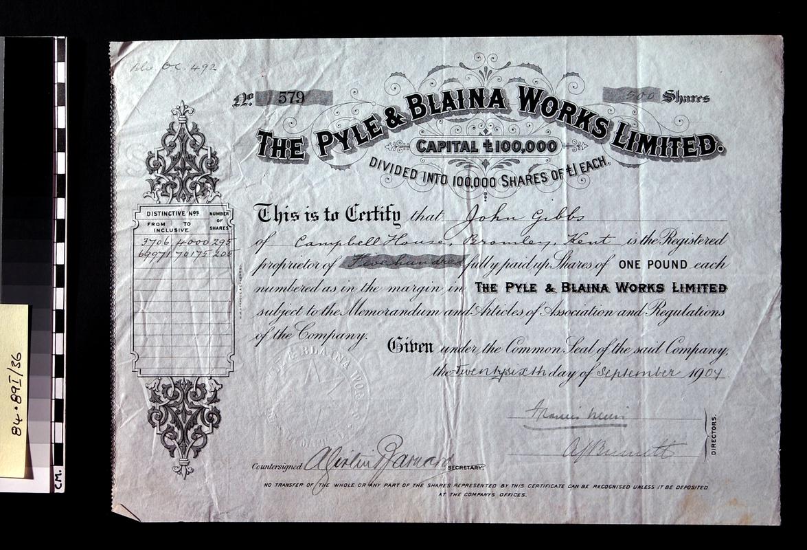 Pyle and Blaina Works Ltd., share certificate