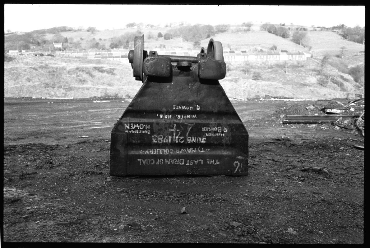 Coal dram with &#039;the last dram of coal, Tymawr Colliery June 21 1983&#039; written on it, taken at at Lewis Merthyr Colliery