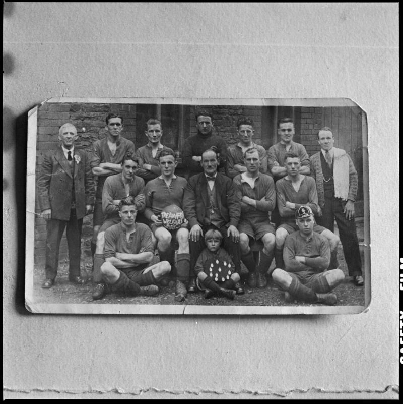 Black and white film negative showing Trehafod Football Team. &#039;Hafod football team&#039; is transcribed from original negative bag.