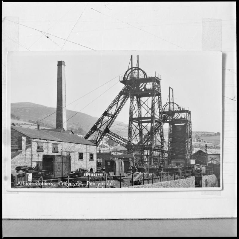 Black and white film negative of a photograph showing a surface view of Albion Colliery, Pontypridd.  &#039;Albion&#039; is transcribed from original negative bag.