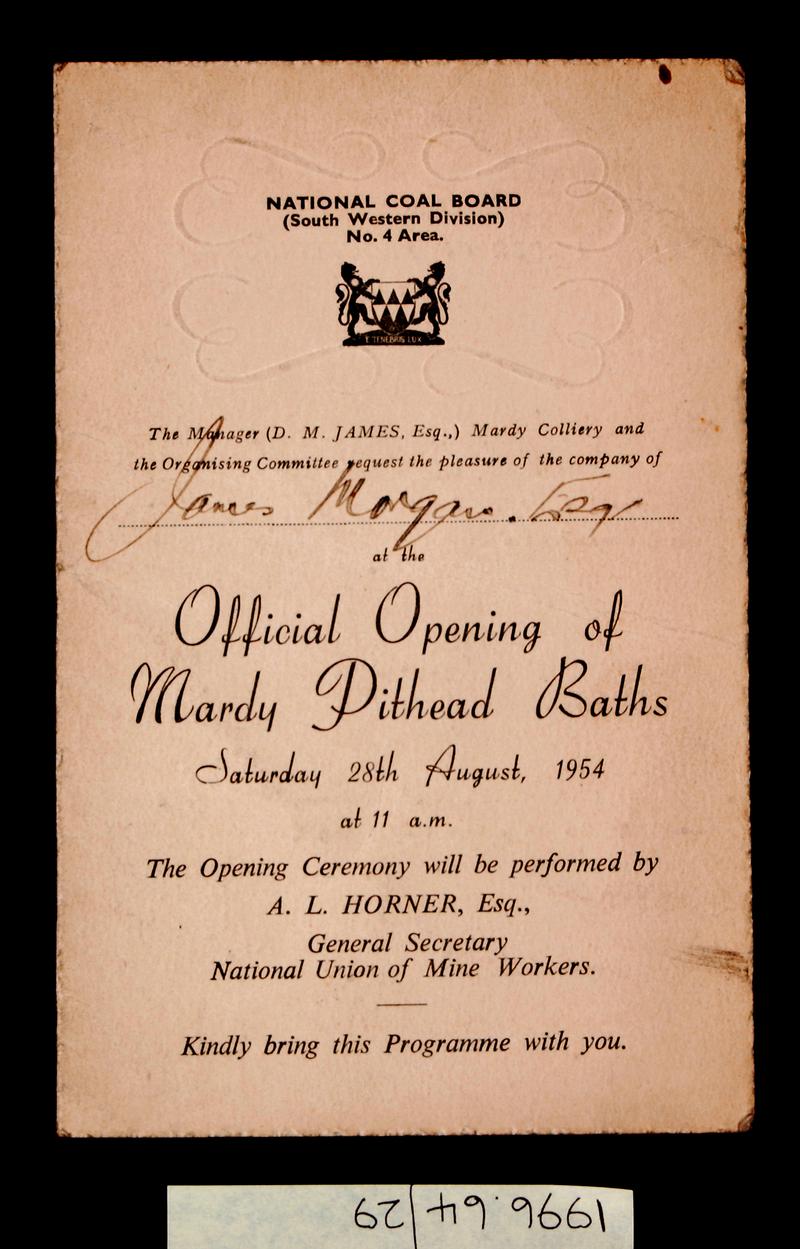 Mardy pithead baths, official opening invitation